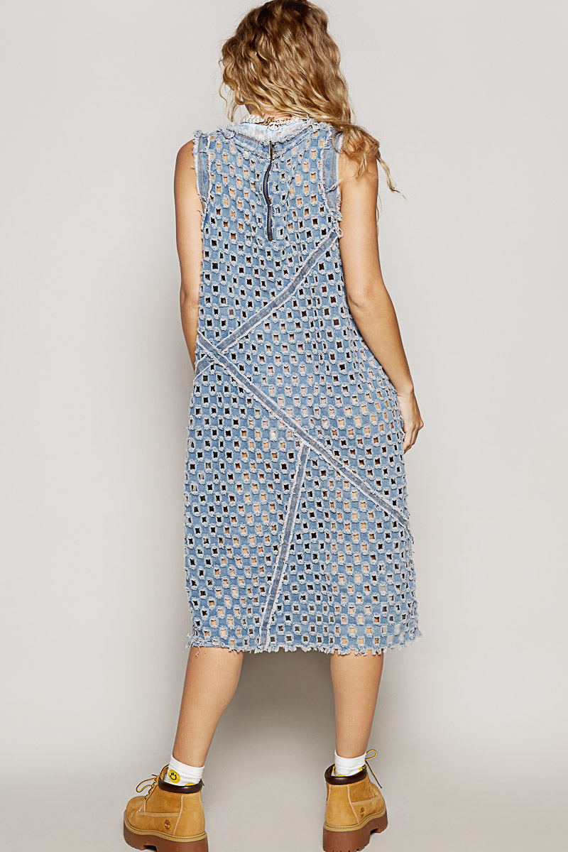 "Laser Vixen" Laser Cut Twill Denim Midi Dress in Blue
