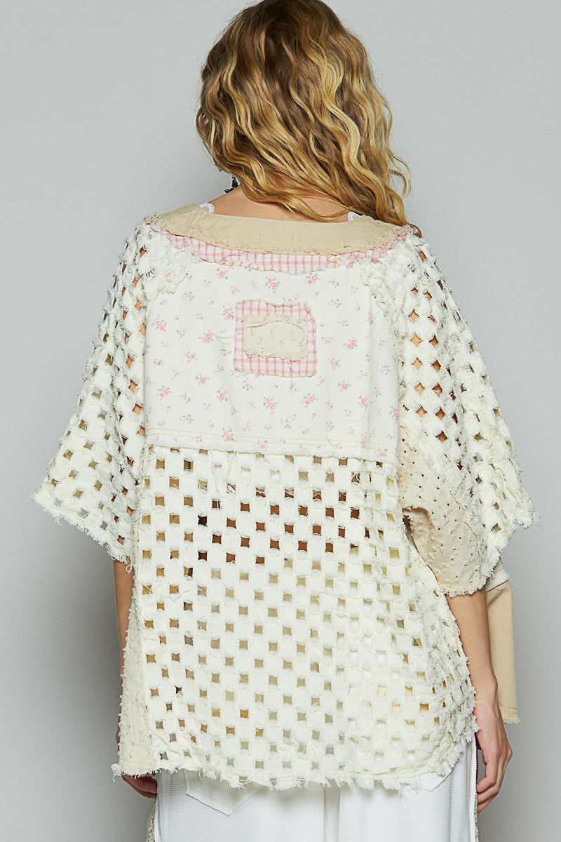 "Tara" V Neck Laser Cut Shacket Top in Cream