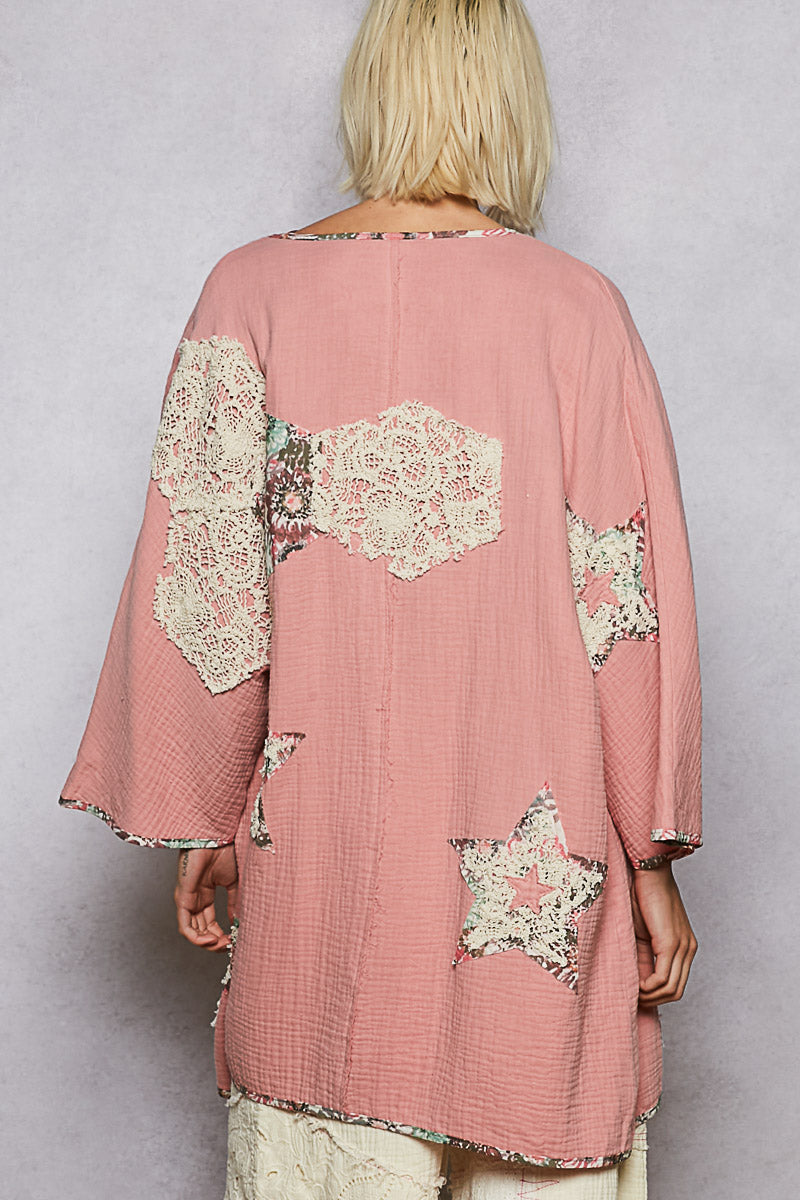 "Paige" Double Gauze Patchwork Cardigan Kimono in Pink