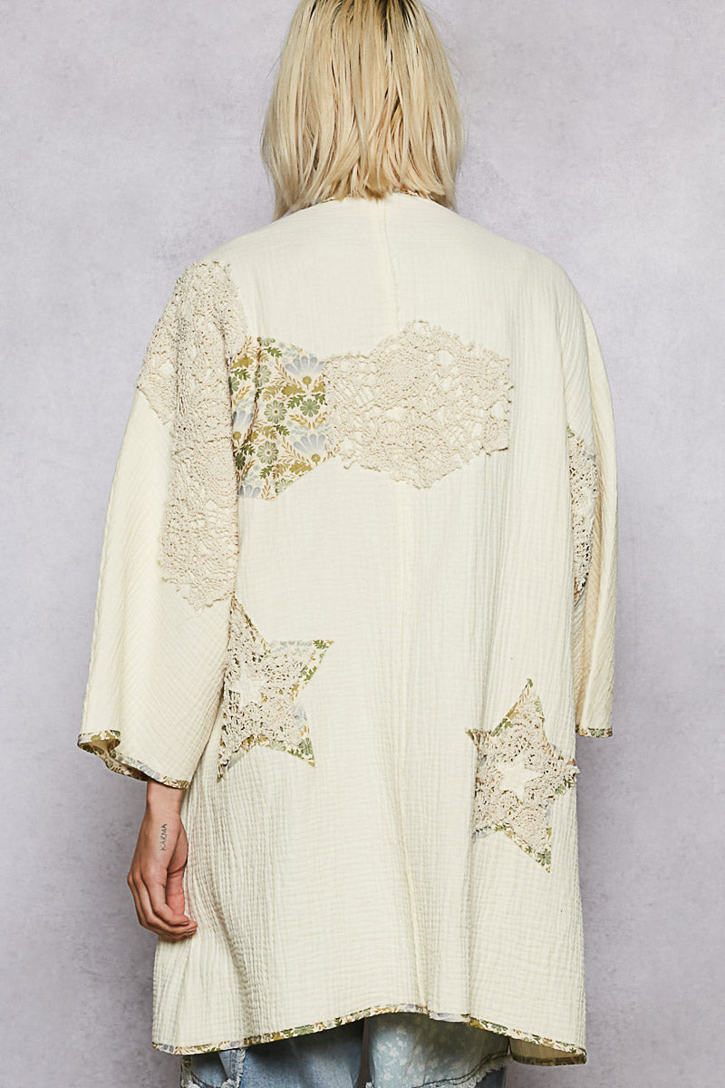 "Paige" Double Gauze Patchwork Cardigan Kimono in Natural