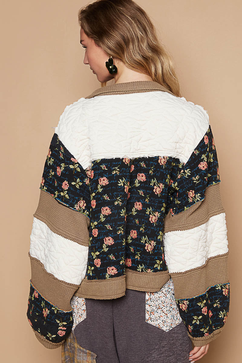 "Jennifer" Waffle Colorblock Floral Jacket