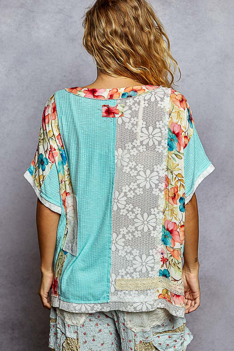 "La Isla Bonita" Lace Patchwork Top in Aqua