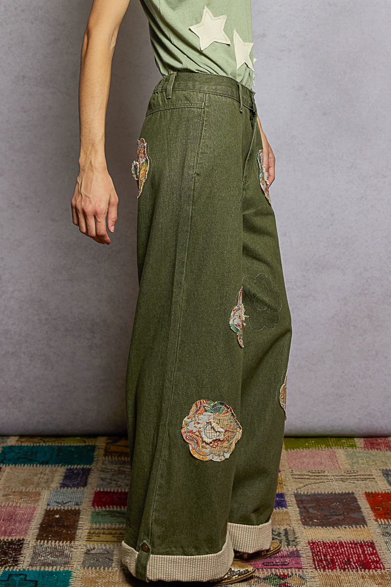 "Truckee" Denim Twill Patchwork Pants in Olive Green