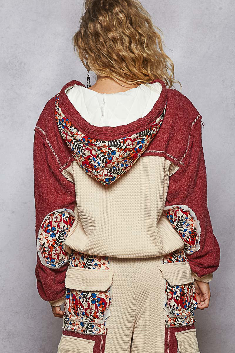 "Whimsy" Floral Thermal Quilted Hoodie Jacket in Burgundy
