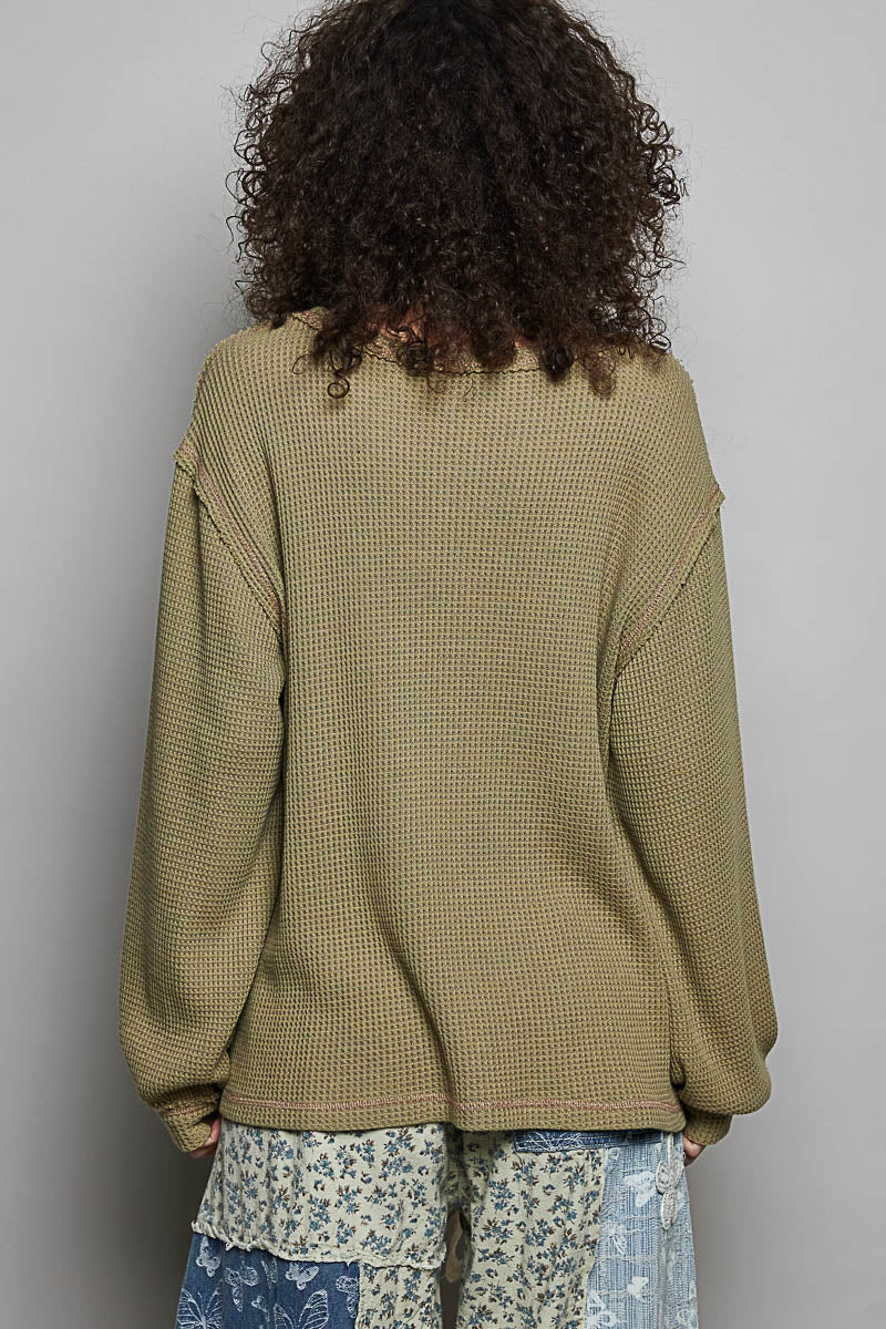 "Stella" Star Applique Studded Thermal Top in Olive
