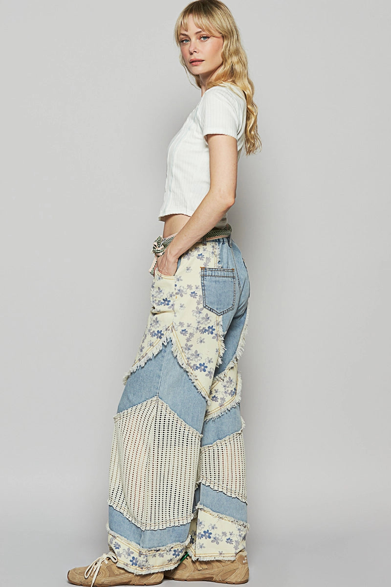 "Horseshoe" Denim Floral Print Crochet Jeans