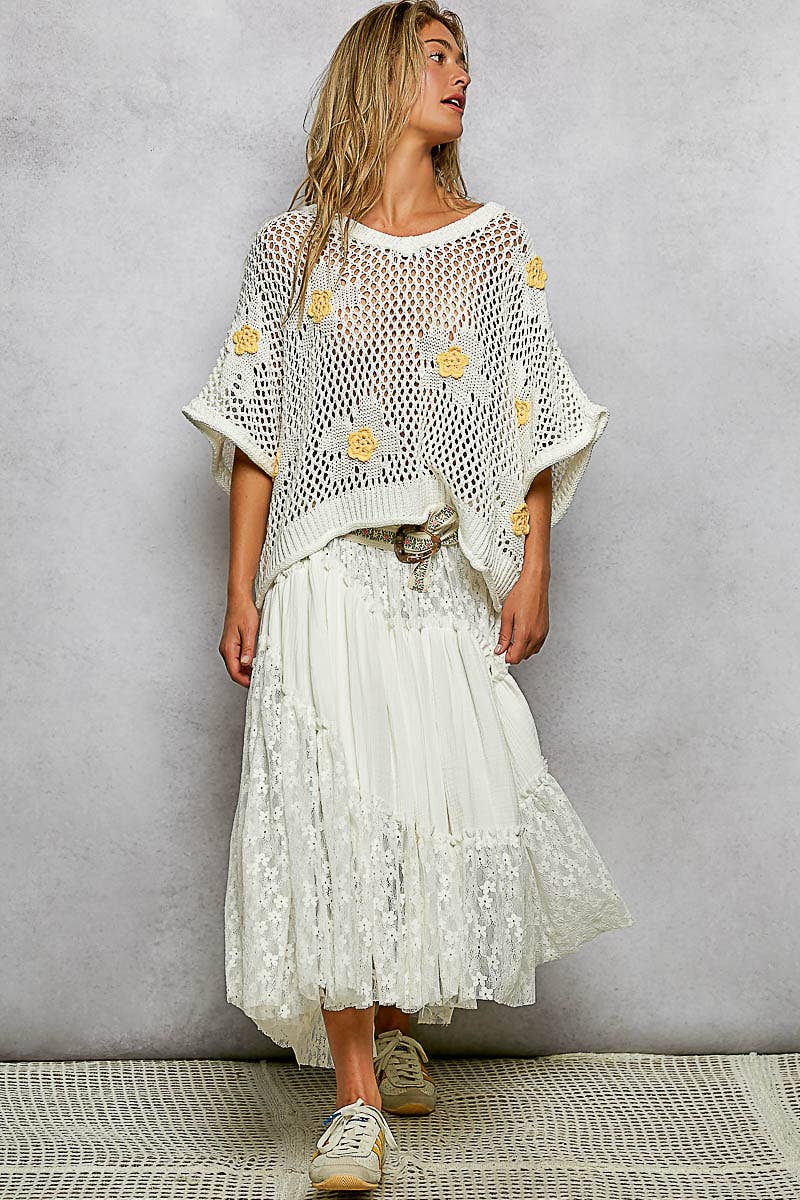 "Bloomin' Filly" Floral Patch Open Sweater Top Ivory Yellow