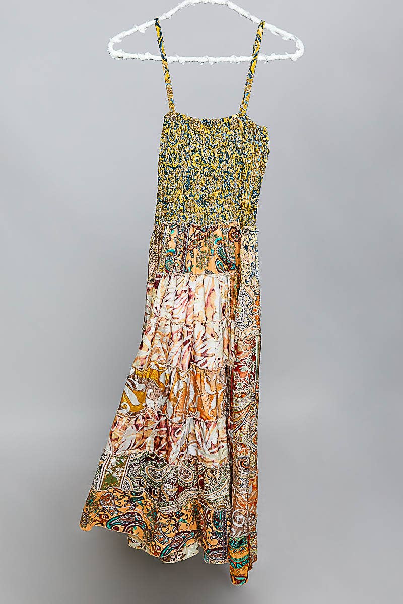 "Boho Patch" Square Neck Smocked Maxi Dress
