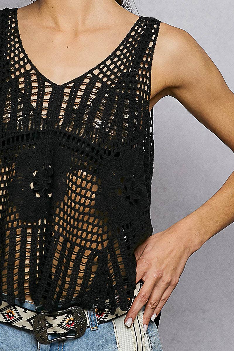 "Versailles" V-Neck Sleeveless Crochet Top in Black