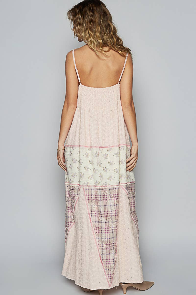 "Melissa" Plaid Embroidered Woven Maxi Dress in Lt Pink