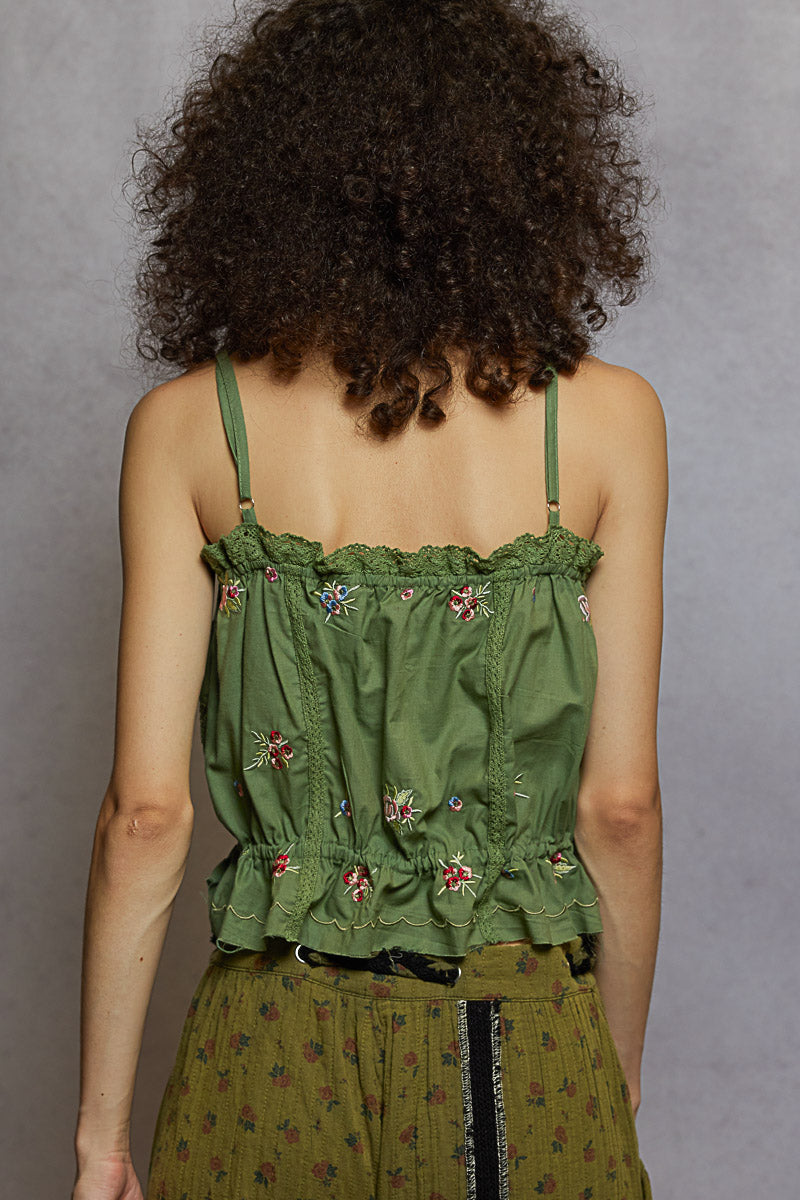 "Delight" Embroidered Poplin Top in Grass Green