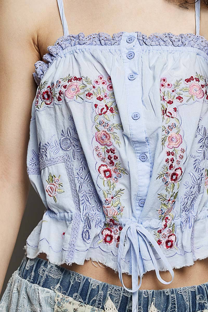 "Delight" Embroidered Poplin Top in Baby Blue