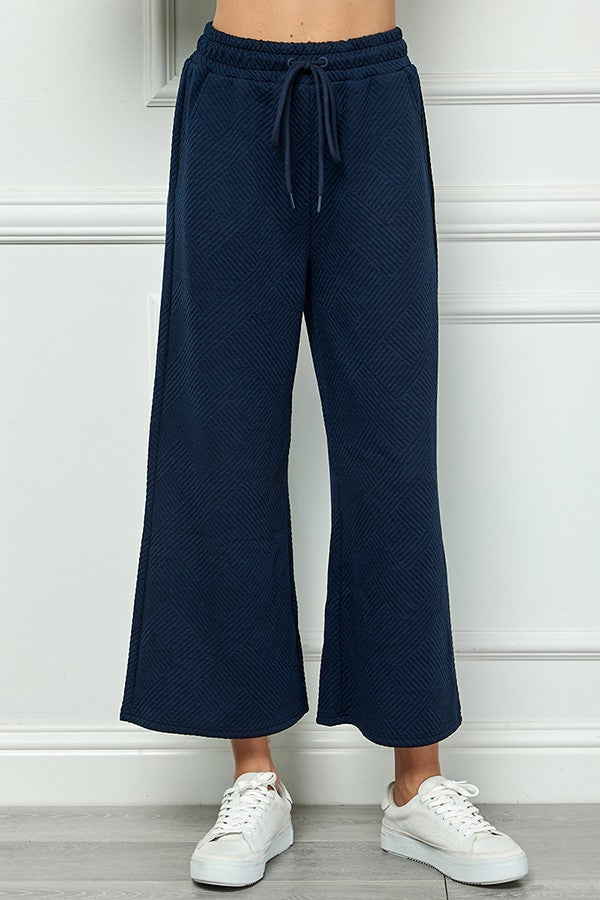 "Playtime" Textured Cropped Wide Leg Pants in Navy
