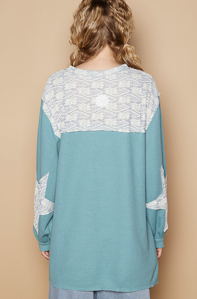 "Juliet" Thermal Lace Star Patch Top in Teal