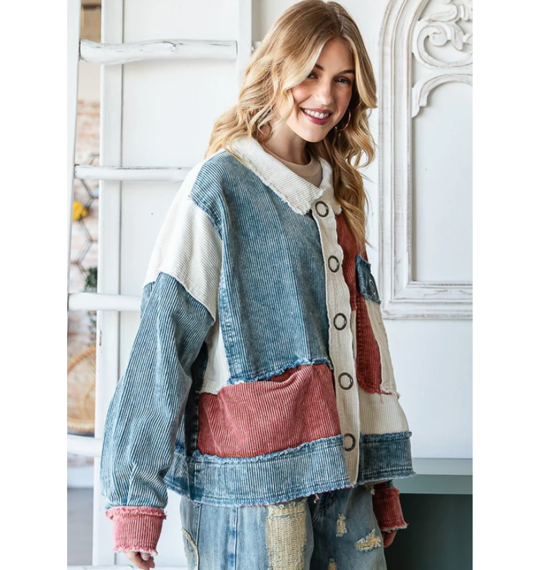 "Tilly" Colorblock Corduroy Jacket Teal Rust