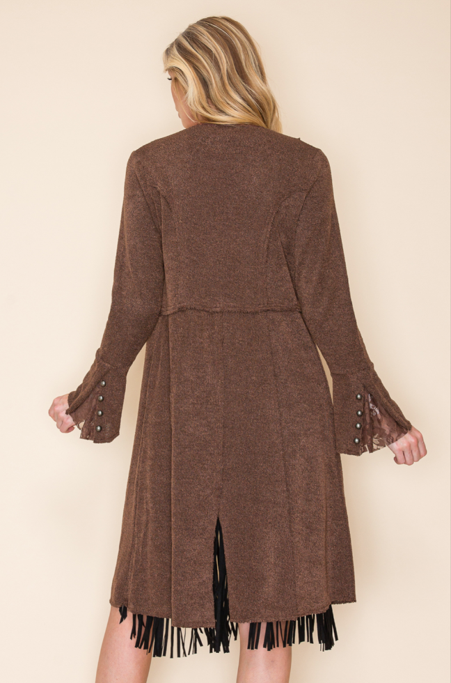 "Pepper" Button Accent Longline Knit Jacket in Brown