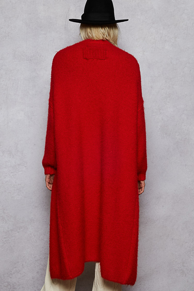 "Bailey" Long Red Sweater Open Cardigan