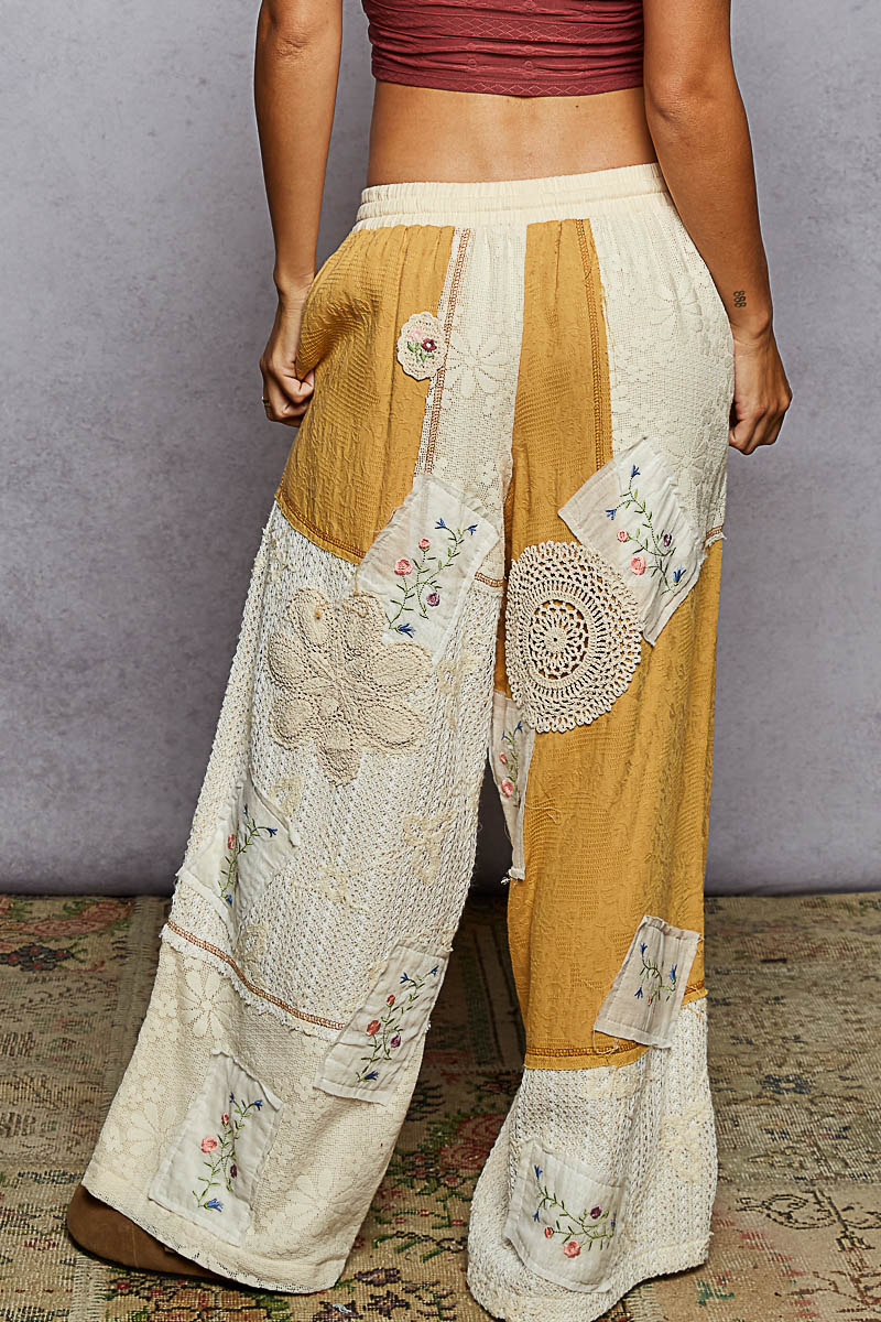 "Deacon" Patchwork Wide Leg Pants in Ivory Honey