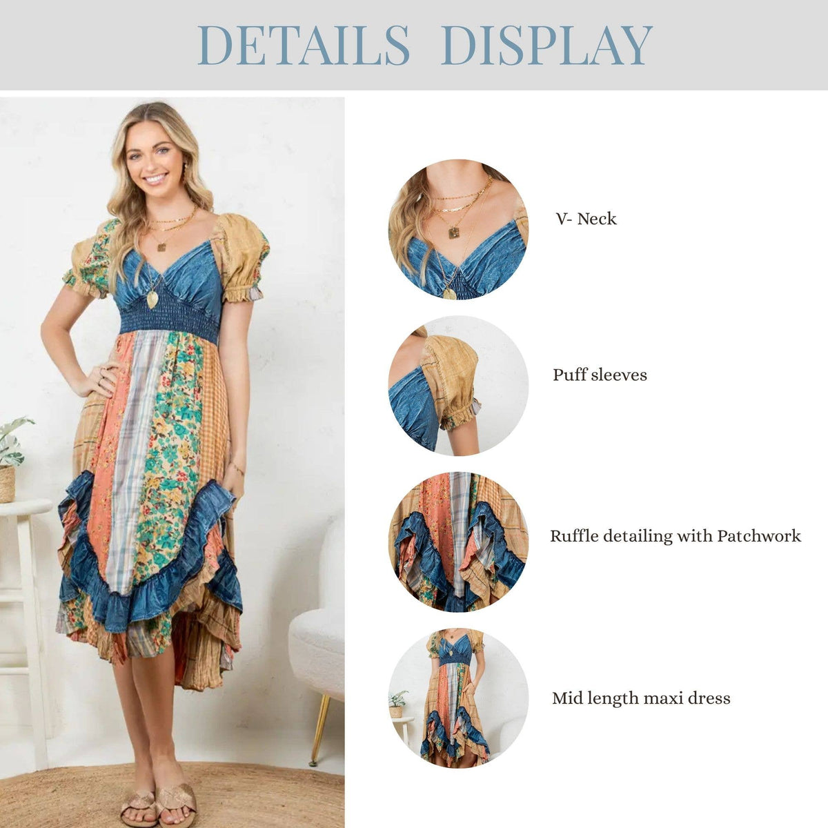 "Peasant" Ruffled Hem Midi Dress Latte and Denim