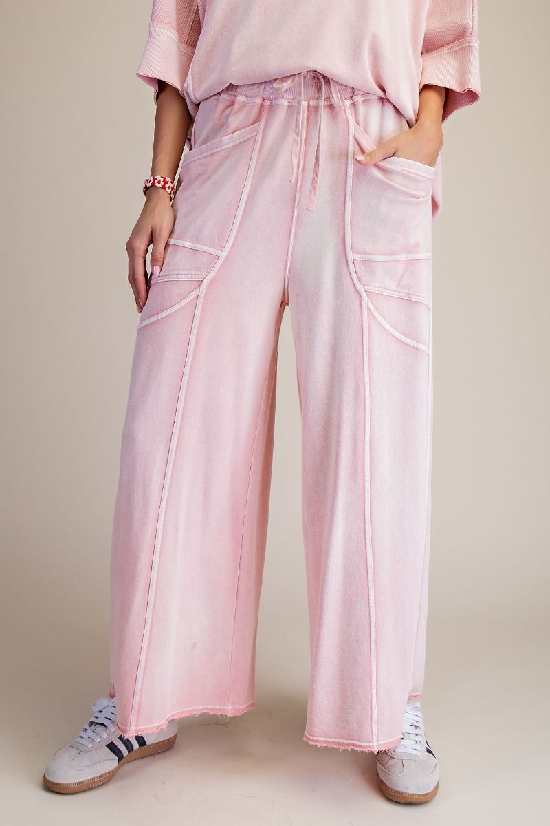 "Margot" Wide Leg French Terry Pants in Washed Blush Pink