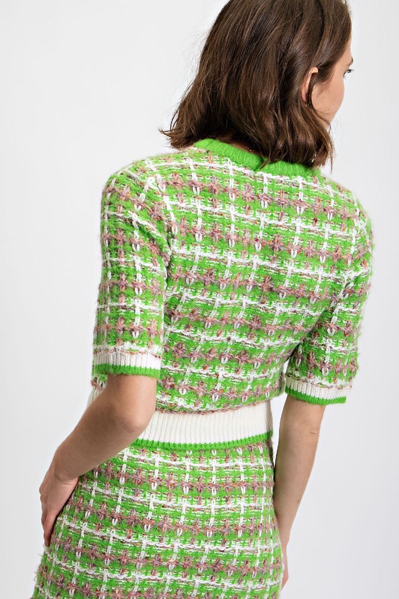 "Tweedy Top" Plaid Sweater Top in Lime Green