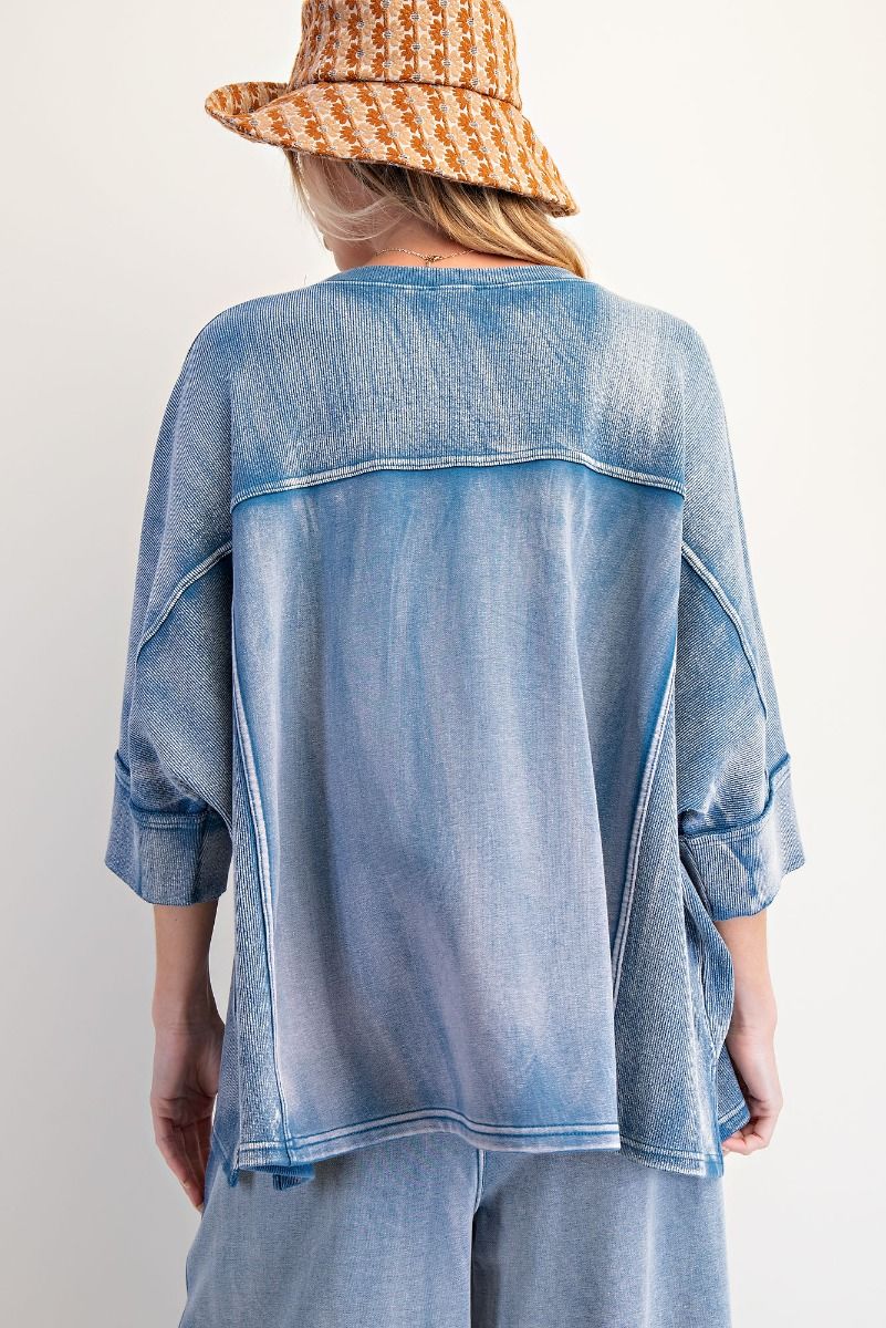 "Sabrina" Boxy Oversized Knit Top in Washed Denim Blue