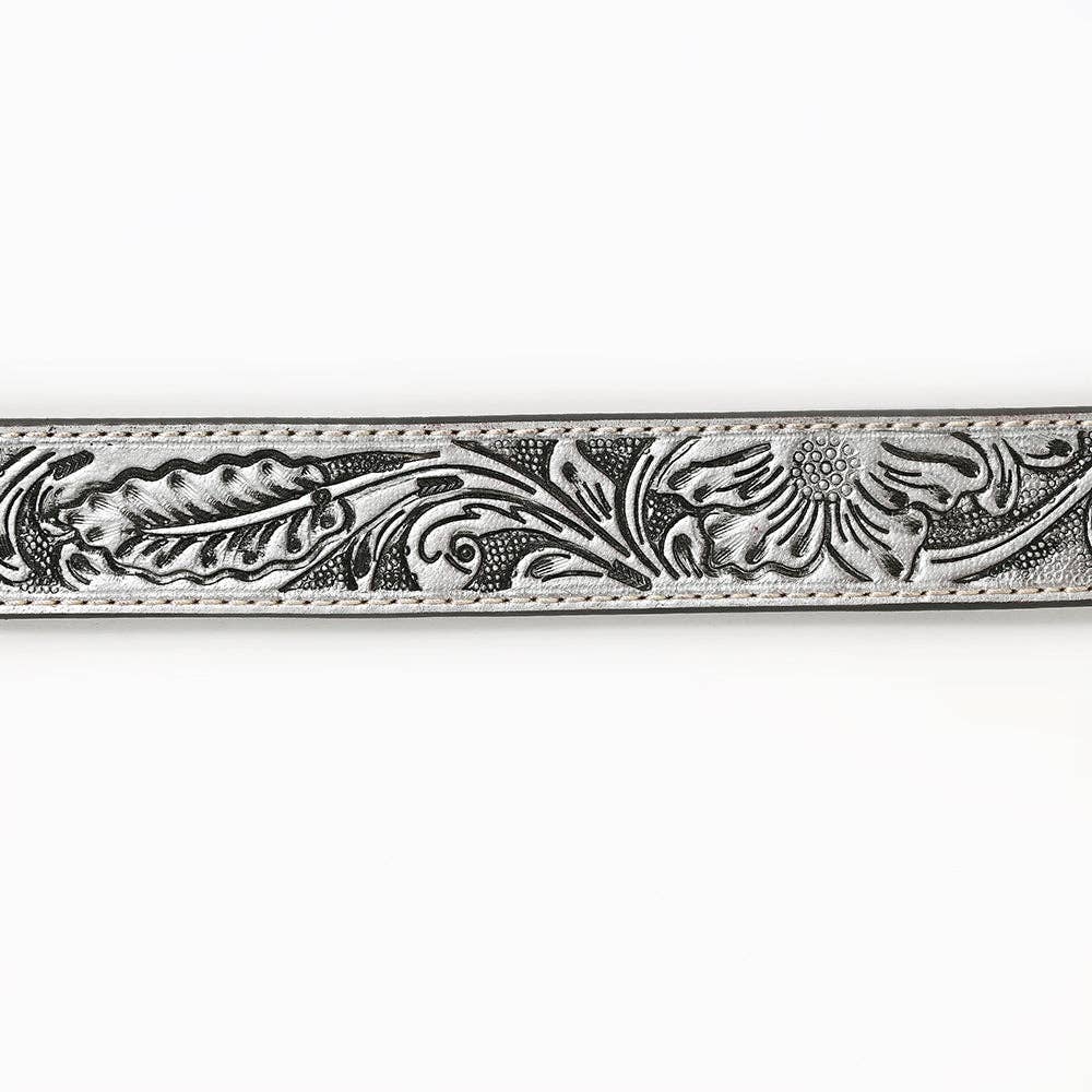 "Silver Sun" Hand-Tooled Silver Floral Western Leather Belt