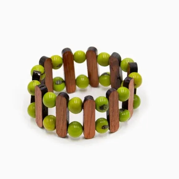 "Sandy Wood" Stretch Bracelet Green Bead and Wood