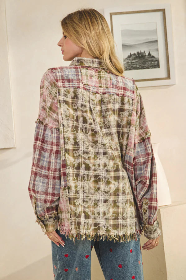 "Pink Moss" Olive Pink Plaid Cotton Button Up Shirt