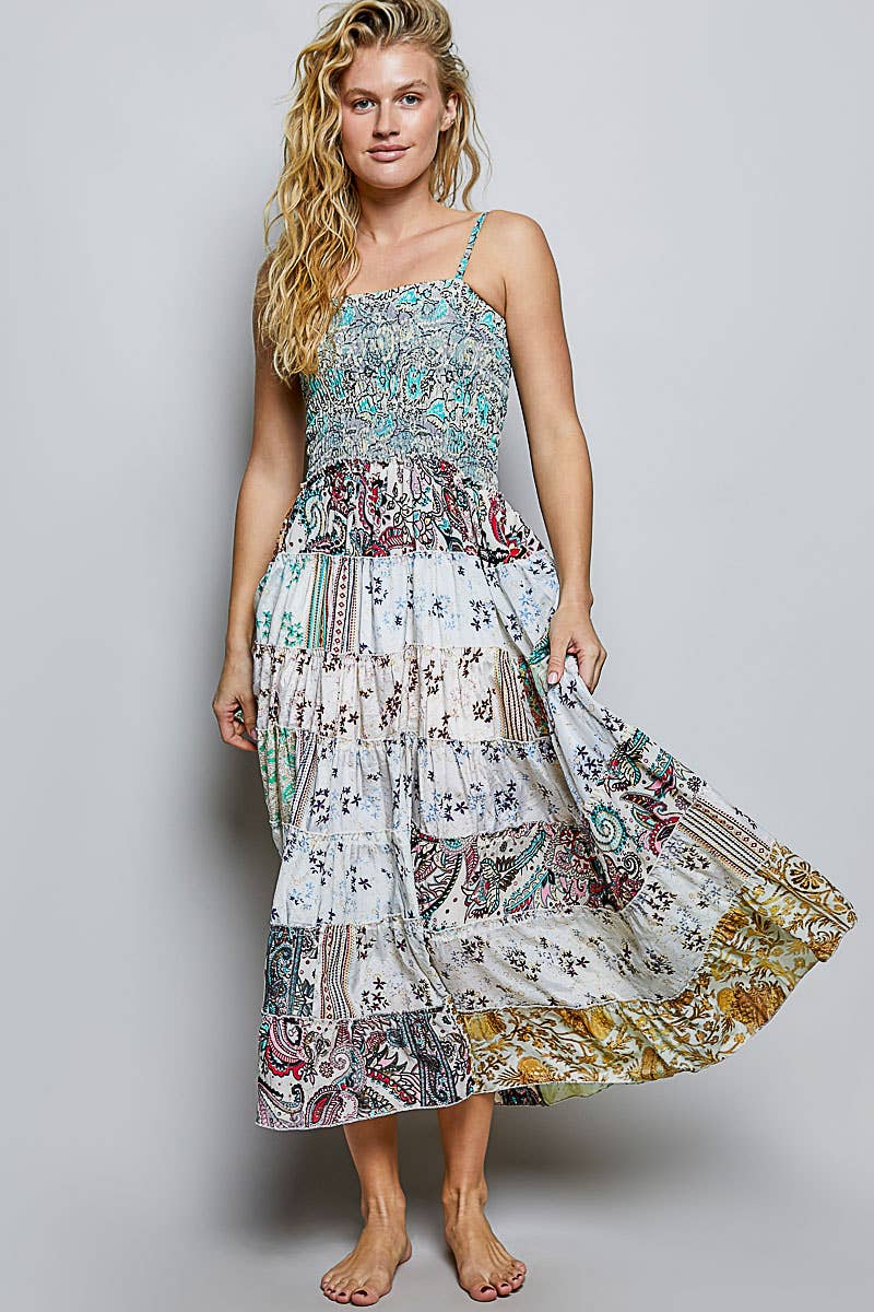 "Boho Patch" Square Neck Smocked Maxi Dress