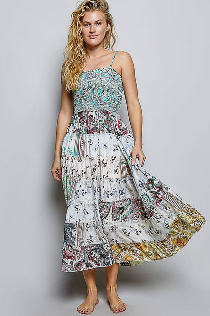 "Boho Patch" Square Neck Smocked Maxi Dress