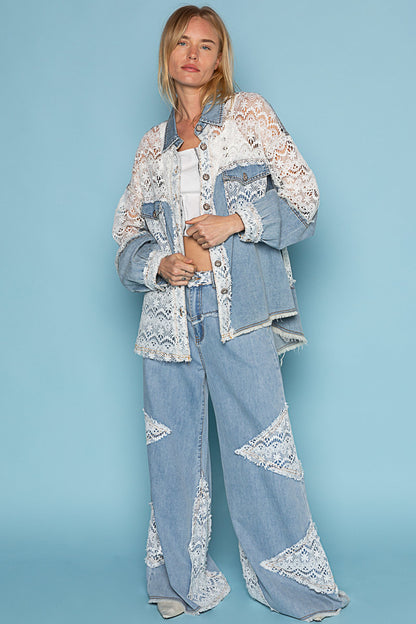"Lace Rodeo" Lace and Denim Button Up Shirt Shacket