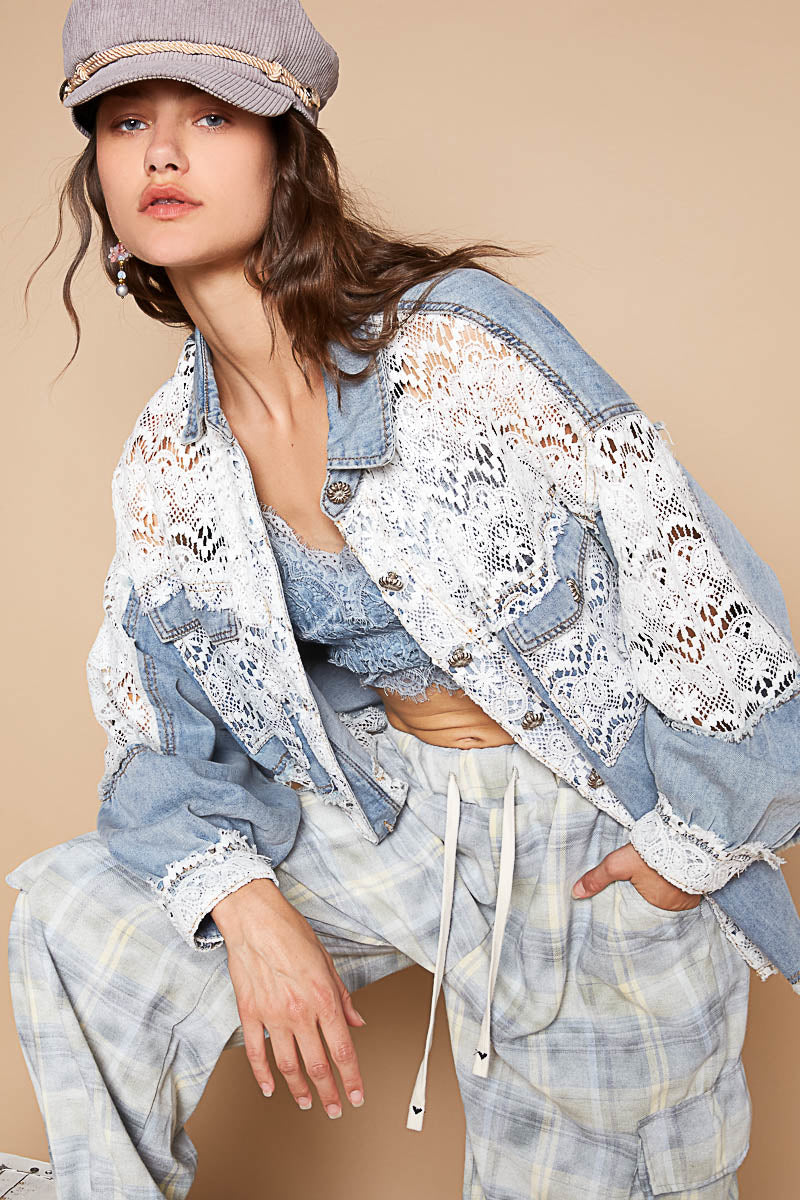 "Lace Rodeo" Lace and Denim Button Up Shirt Shacket