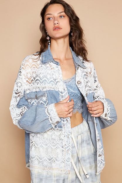 "Lace Rodeo" Lace and Denim Button Up Shirt Shacket