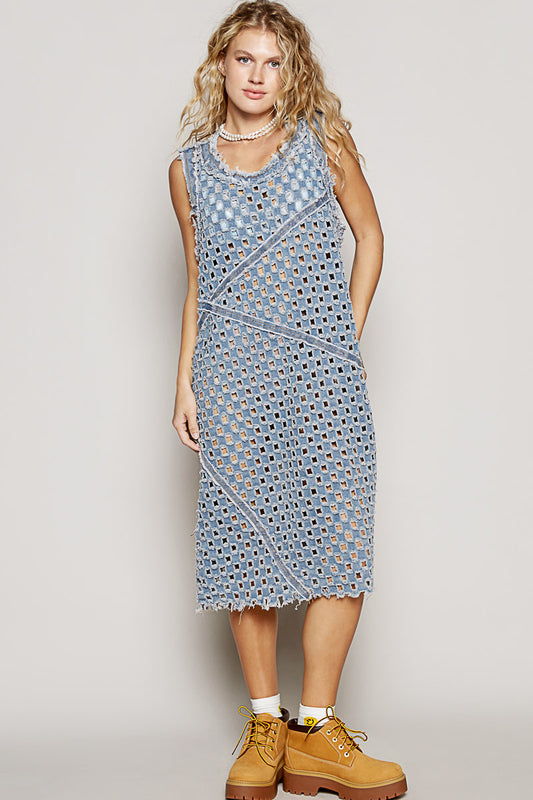 "Laser Vixen" Laser Cut Twill Denim Midi Dress in Blue