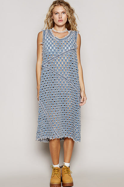 "Laser Vixen" Laser Cut Twill Denim Midi Dress in Blue