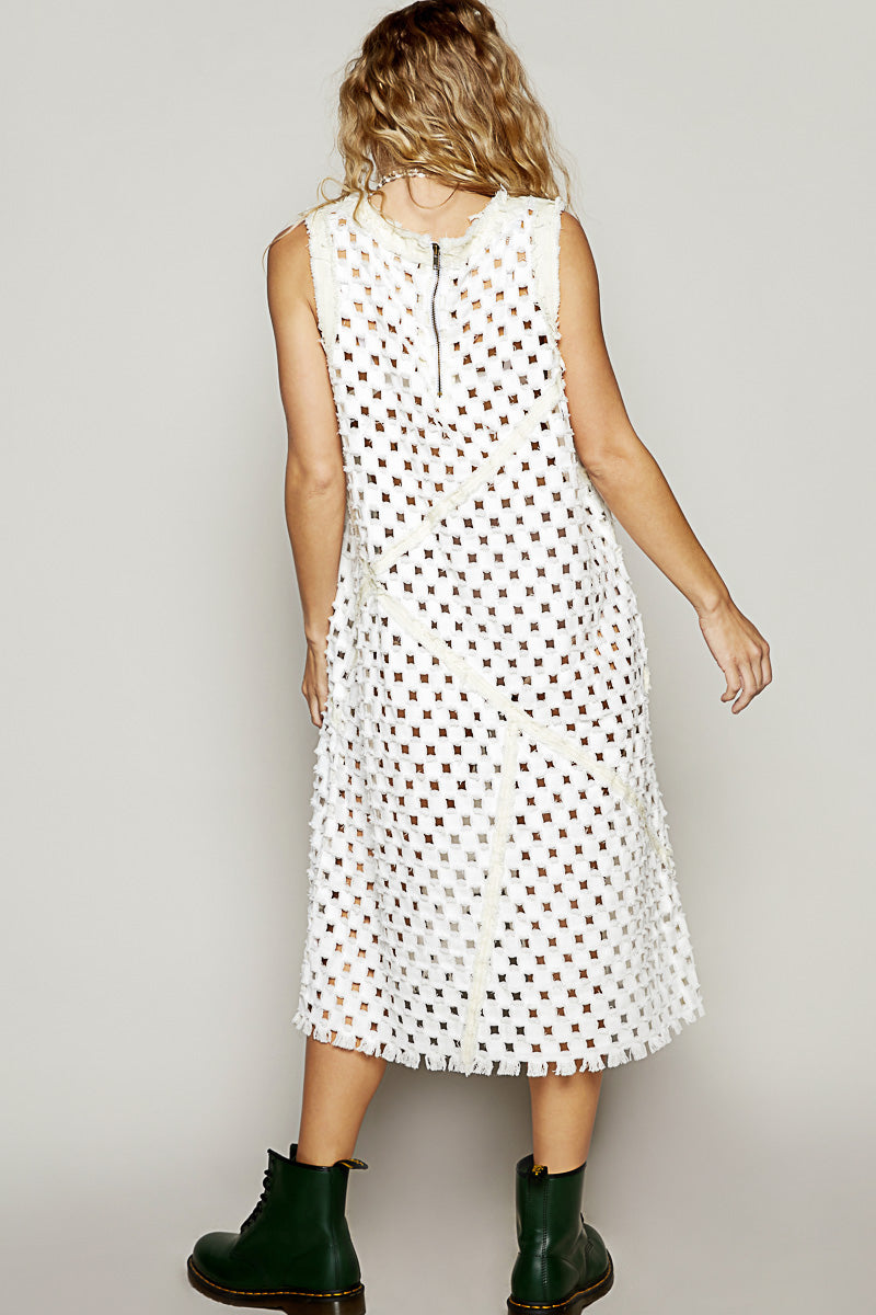 "Laser Vixen" Laser Cut Twill Denim Midi Dress in White