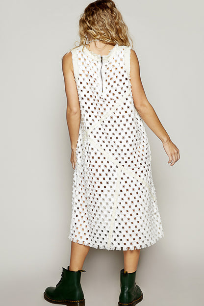 "Laser Vixen" Laser Cut Twill Denim Midi Dress in White
