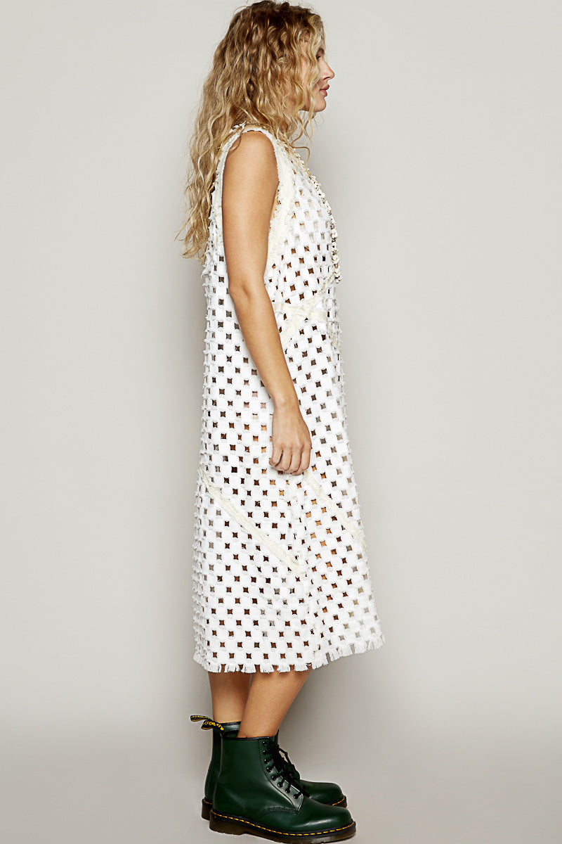 "Laser Vixen" Laser Cut Twill Denim Midi Dress in White