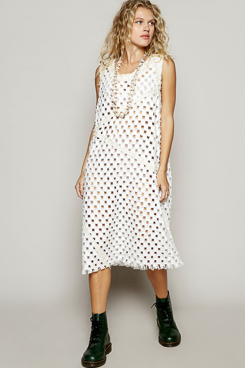"Laser Vixen" Laser Cut Twill Denim Midi Dress in White