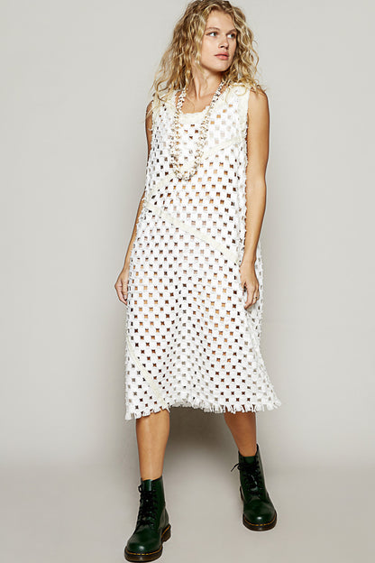 "Laser Vixen" Laser Cut Twill Denim Midi Dress in White