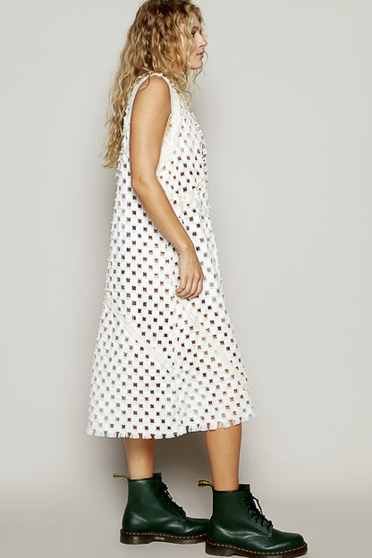"Laser Vixen" Laser Cut Twill Denim Midi Dress in White