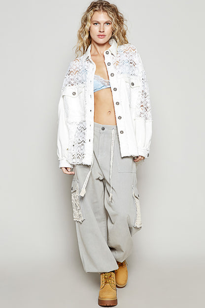 "Lace Rodeo" Lace and Twill Button Up Shirt Shacket