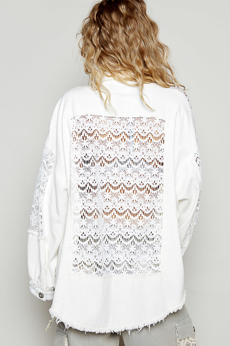 "Lace Rodeo" Lace and Twill Button Up Shirt Shacket