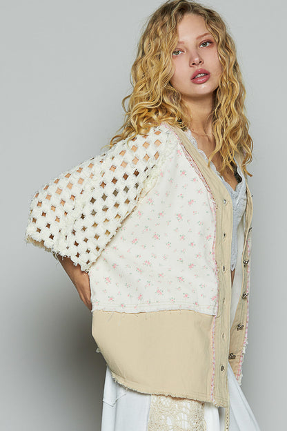 "Tara" V Neck Laser Cut Shacket Top in Cream