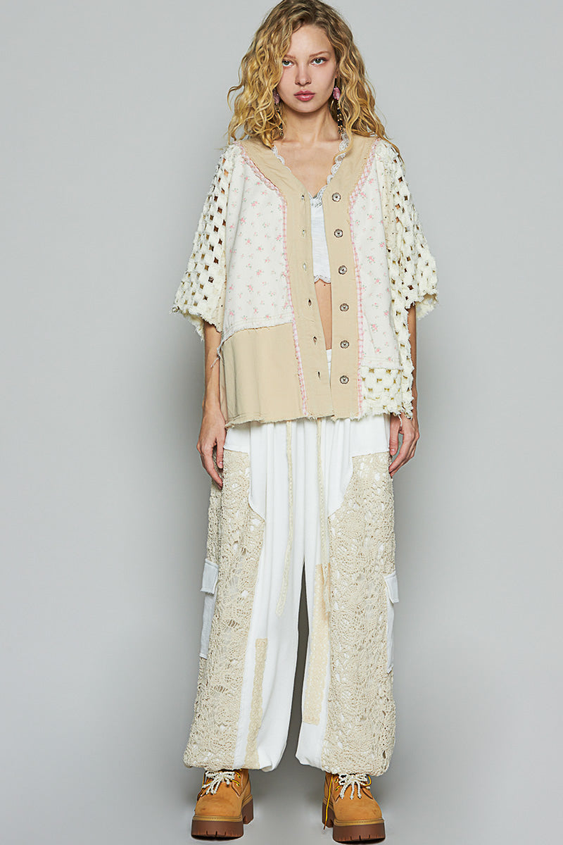 "Tara" V Neck Laser Cut Shacket Top in Cream