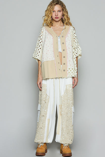 "Tara" V Neck Laser Cut Shacket Top in Cream