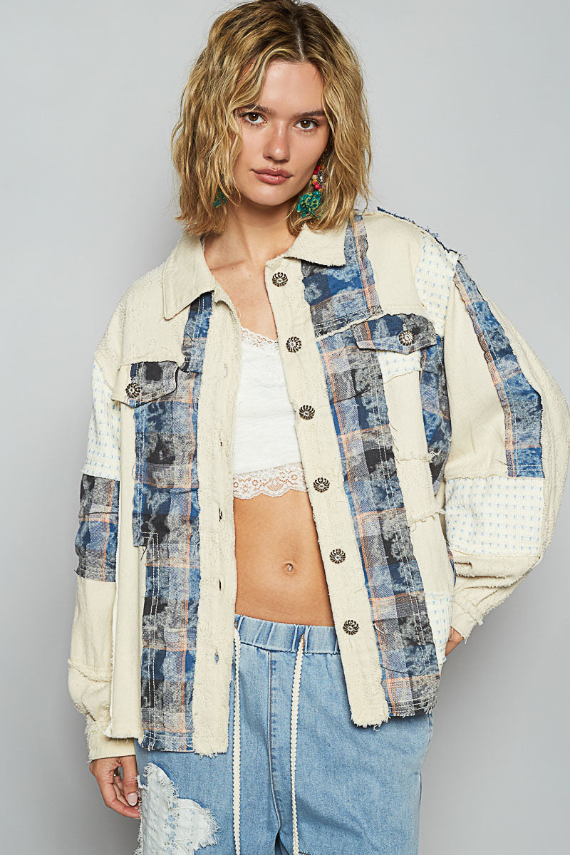 "Frannie" Frayed Patchwork Jacket in Cream & Blue