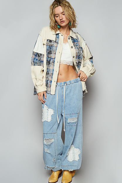 "Frannie" Frayed Patchwork Jacket in Cream & Blue