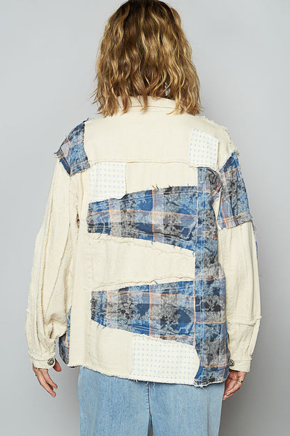 "Frannie" Frayed Patchwork Jacket in Cream & Blue